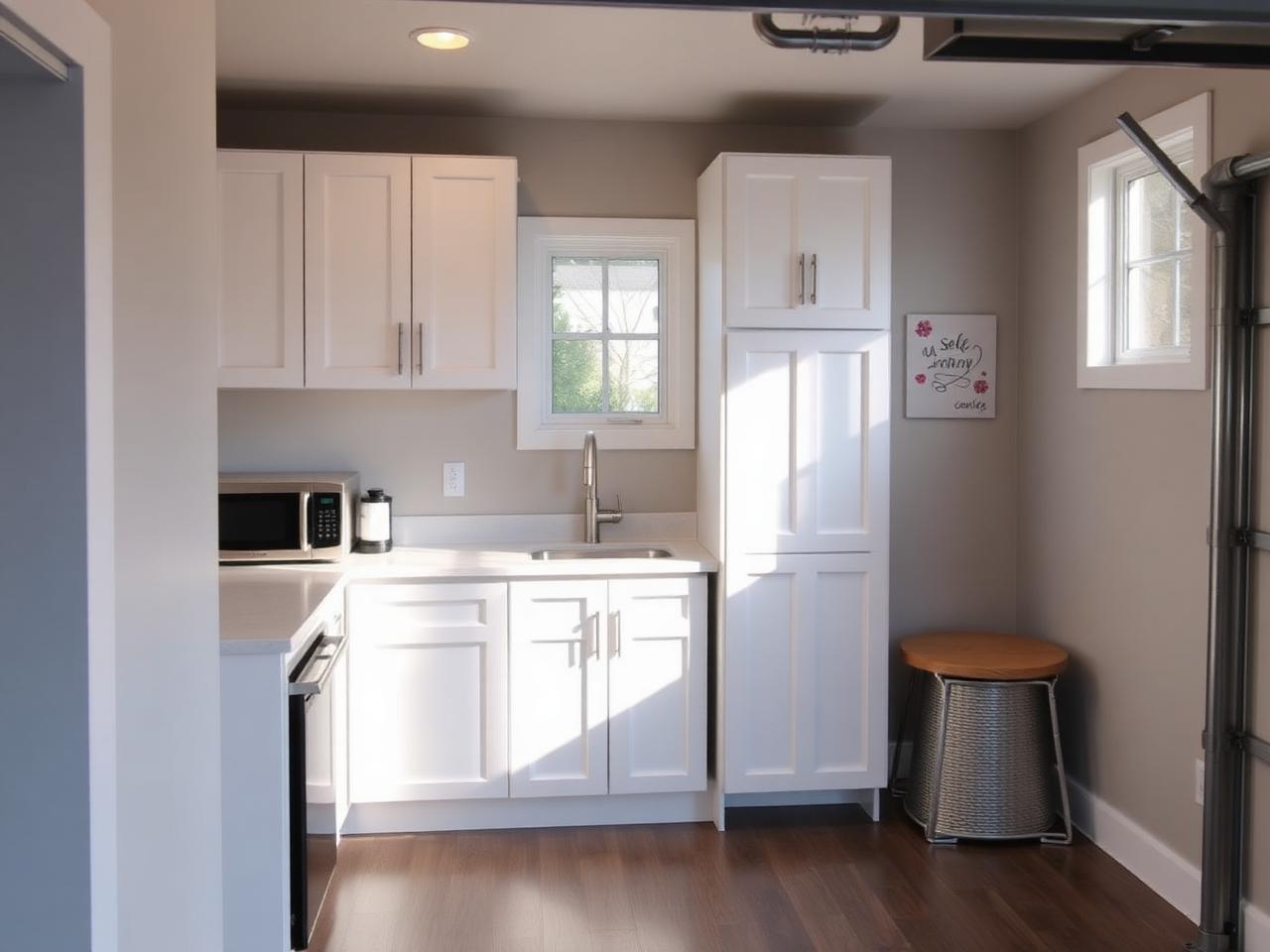 Finished ADU kitchenette with white cabinets, quartz counter and compact appliances