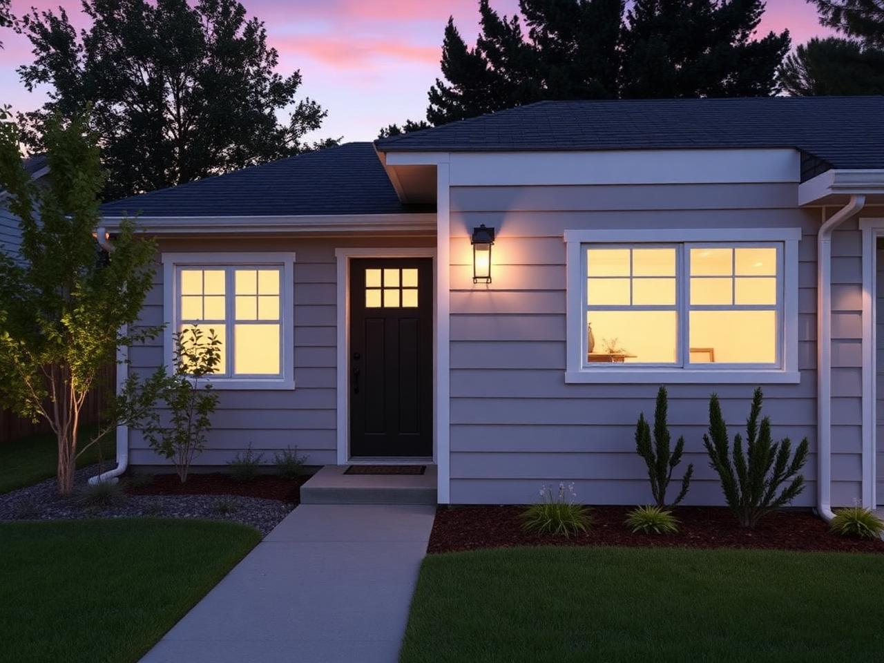 Converted ADU exterior with entry door, egress windows and landscaping at dusk