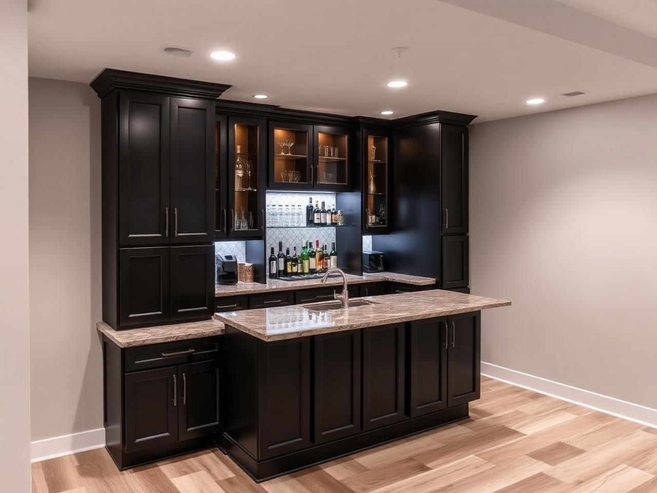 Finished basement wet bar with dark cabinetry, quartz counter and backlit shelving