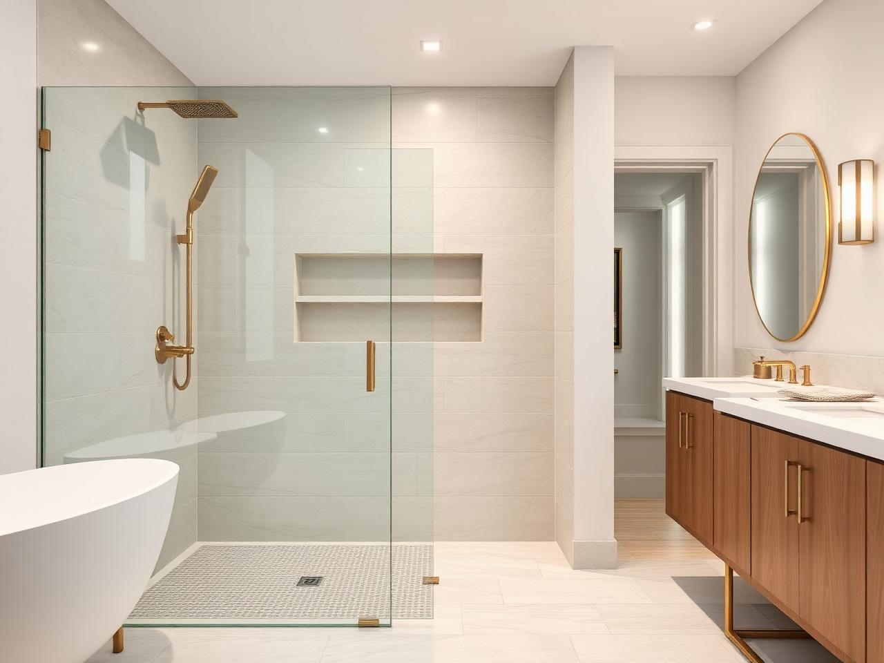 Finished Hiram GA curbless tile shower with linear drain and glass panel