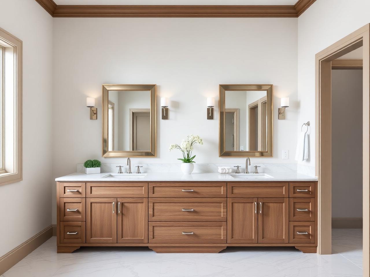 Finished double vanity with quartz top, framed mirrors and sconces