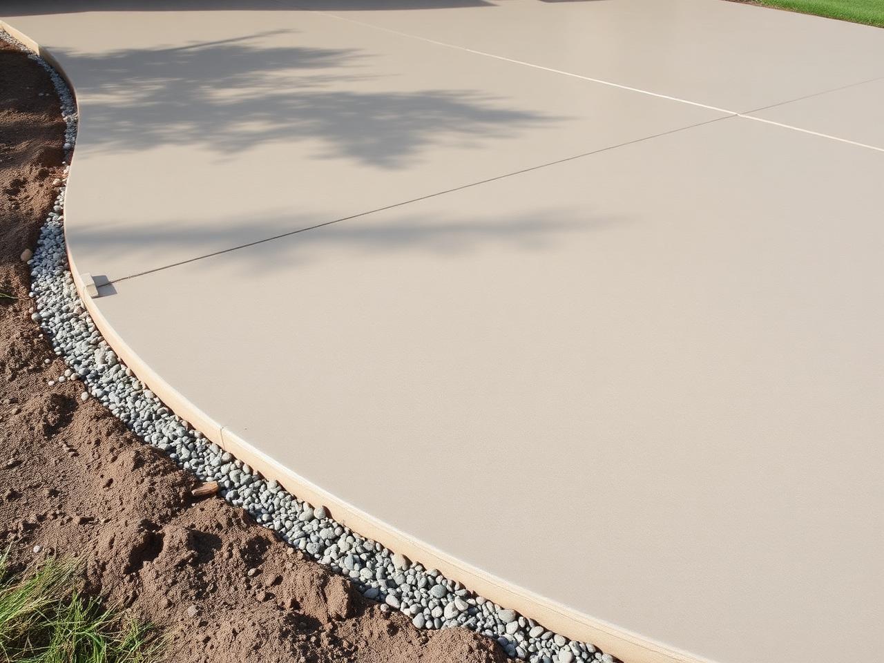 New concrete driveway with compacted gravel base visible at the edge and clean control joints