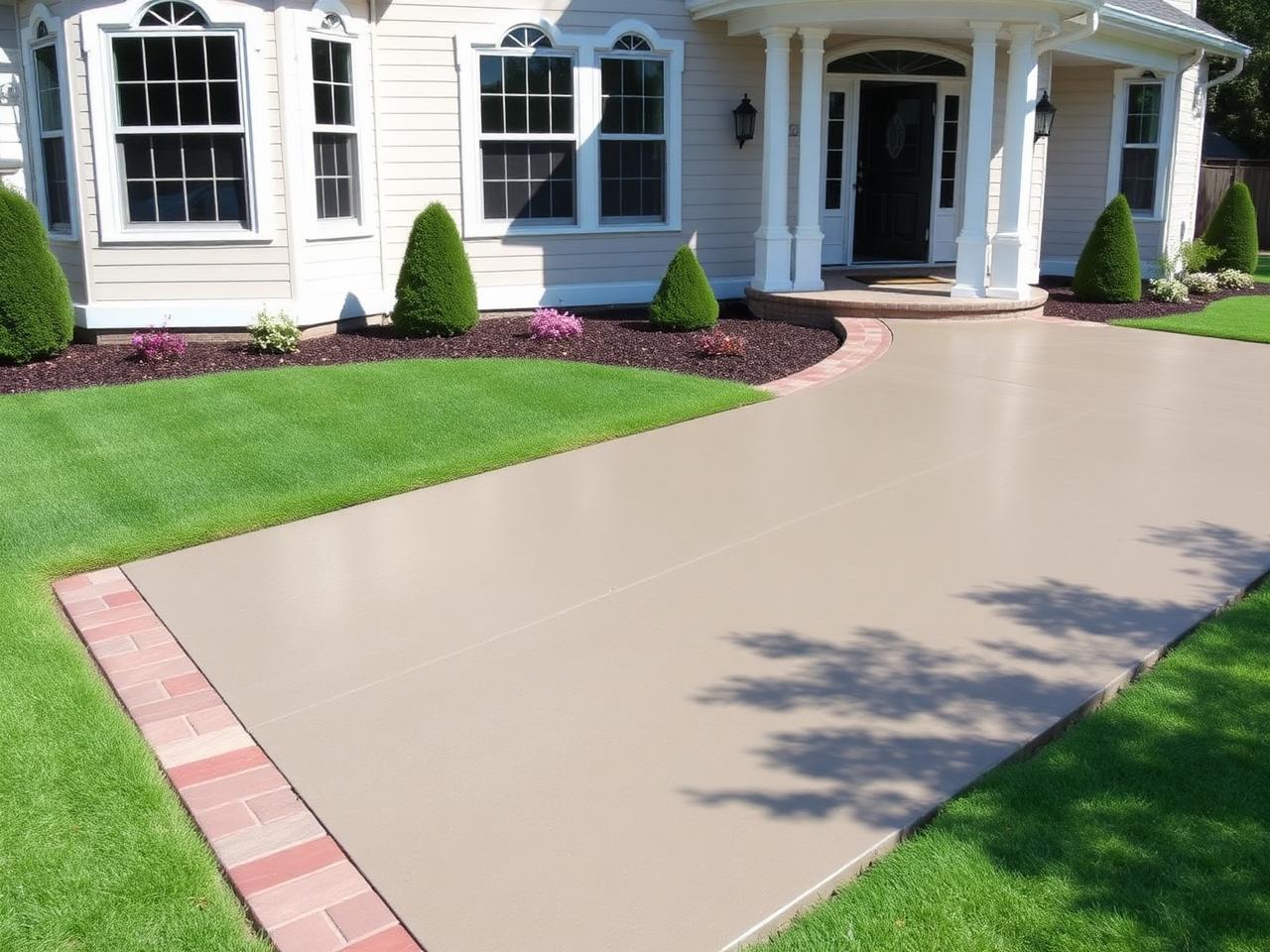 New concrete walkway and driveway apron with clean edges and paver border