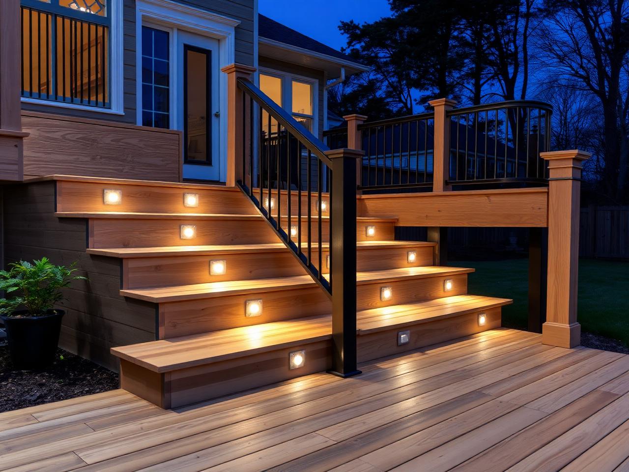 New cedar deck stairs with low-voltage riser lighting at dusk