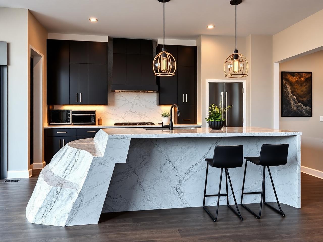 New quartz waterfall island with pendant lighting in finished Dallas GA kitchen