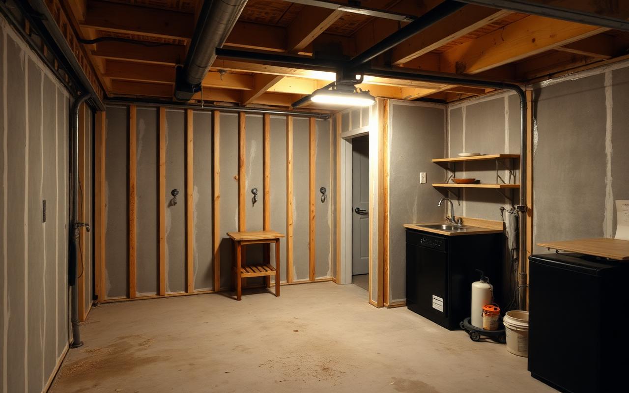 Garage conversion with drywall and kitchenette rough-in