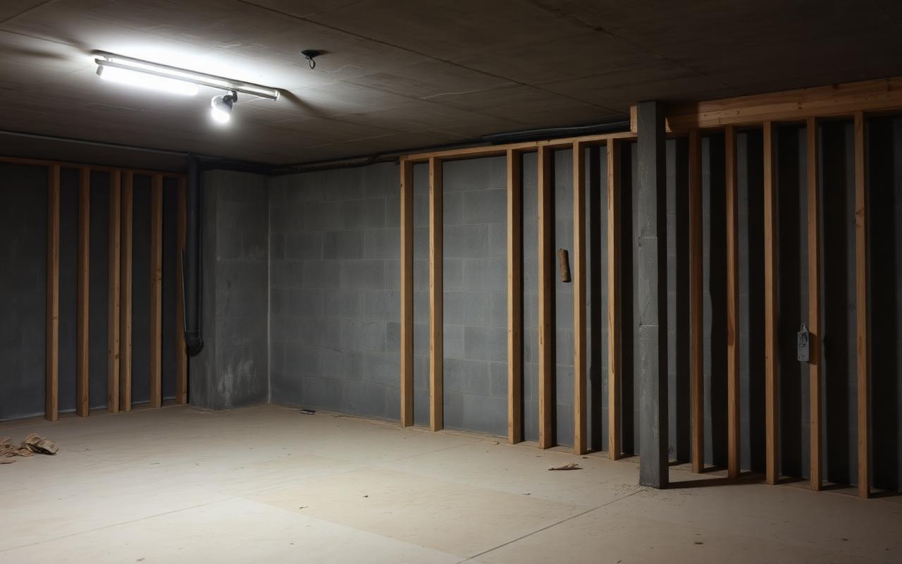 Unfinished basement framed against block walls