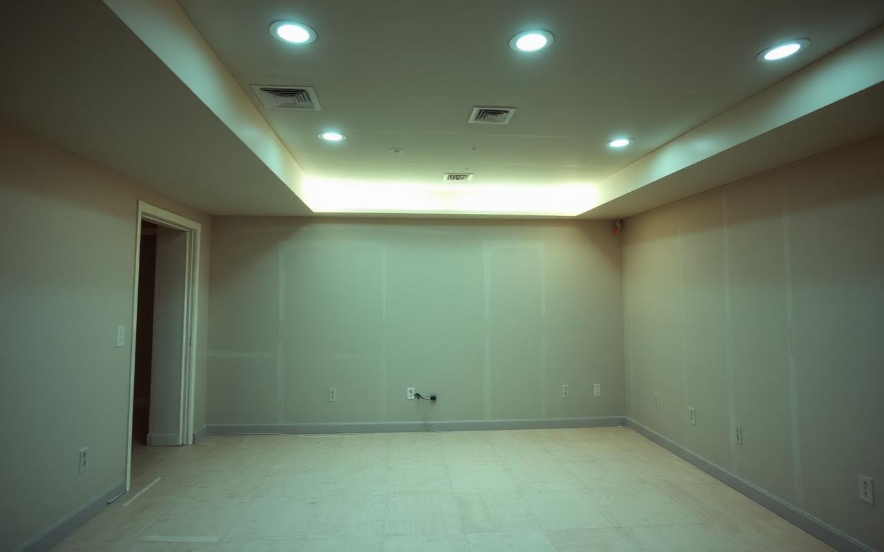 Basement with drywall hung and recessed lighting installed