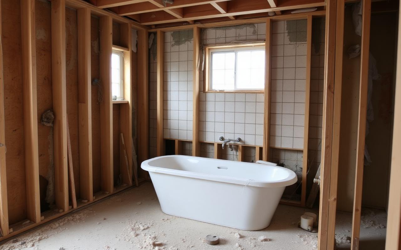 Bathroom stripped to studs with plumbing exposed