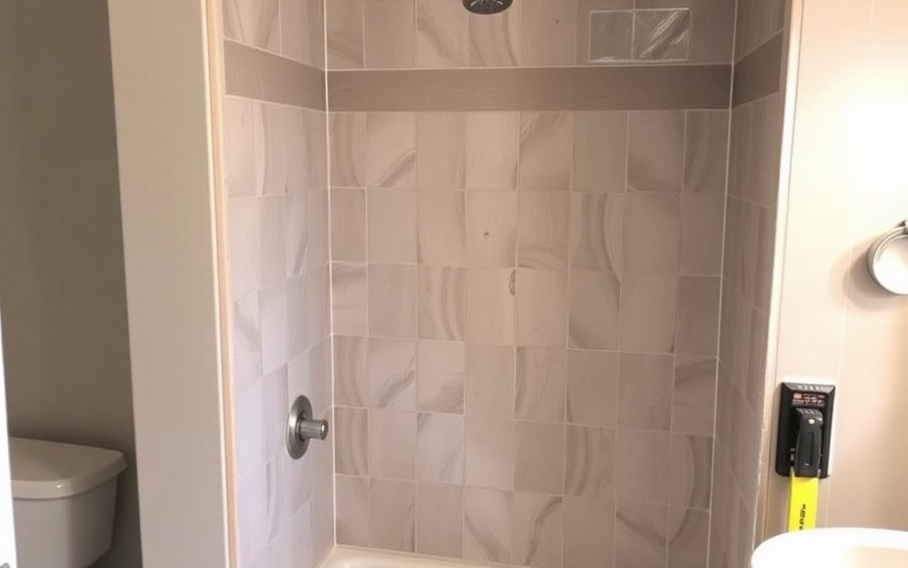 Shower waterproofed with tile being set