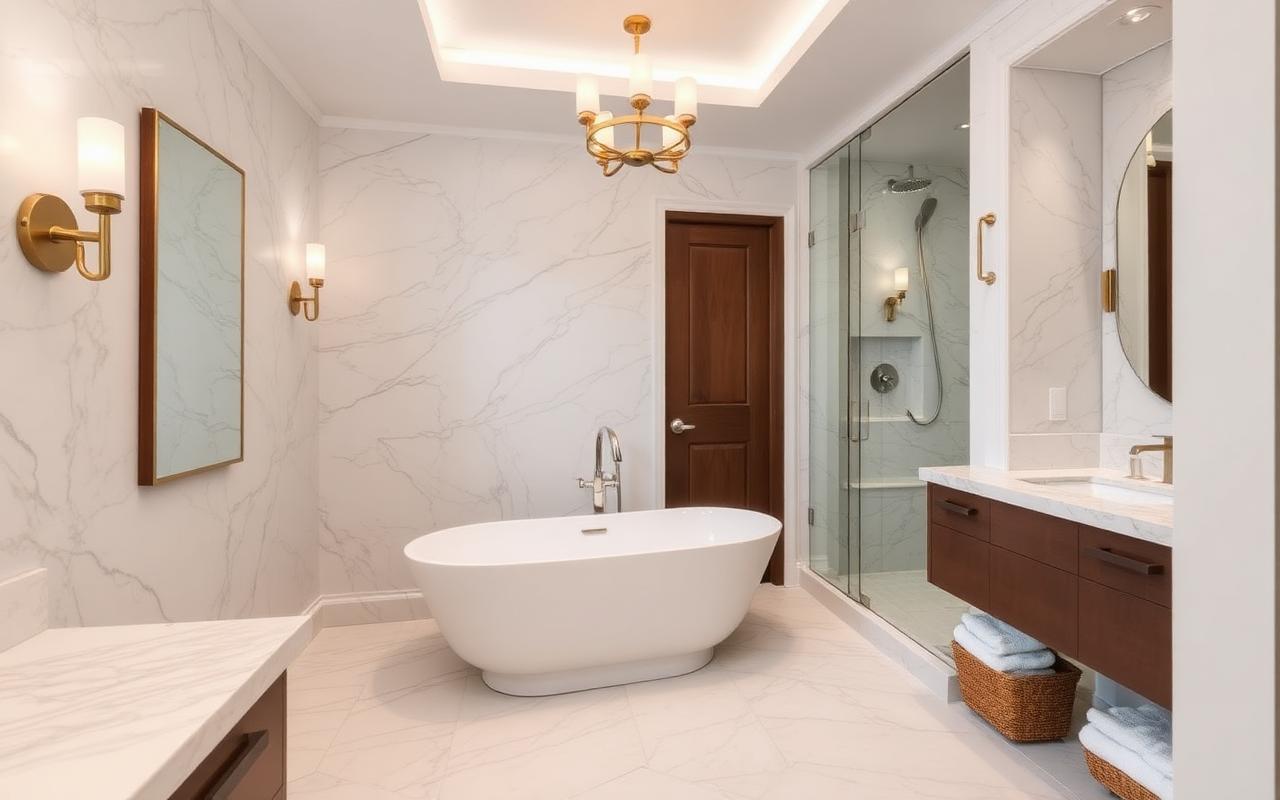 Finished spa bathroom with marble tile and freestanding tub