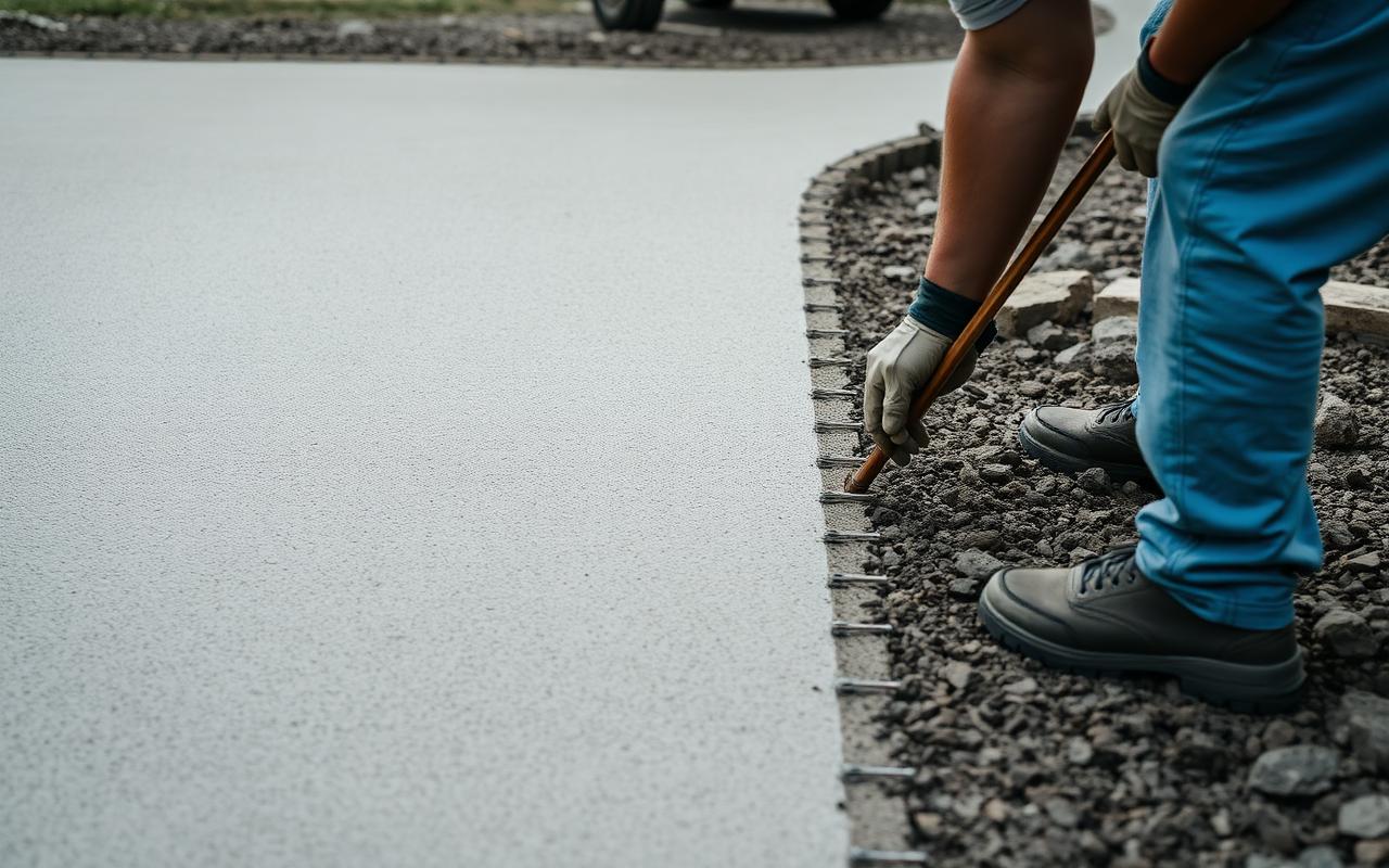 Fresh concrete driveway being poured and finished
