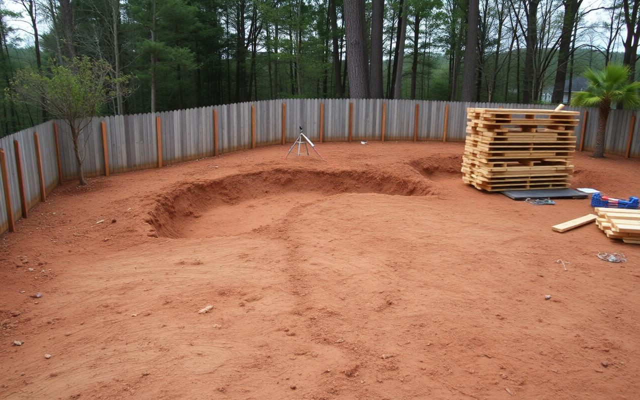 Backyard graded with footing holes dug for a new deck