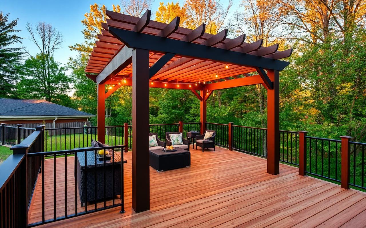 Finished cedar deck with pergola and string lights