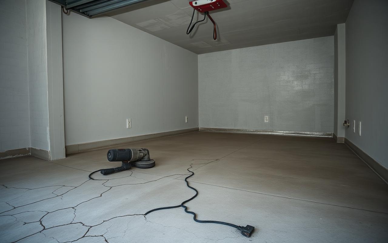 Bare cracked garage concrete floor being prepped