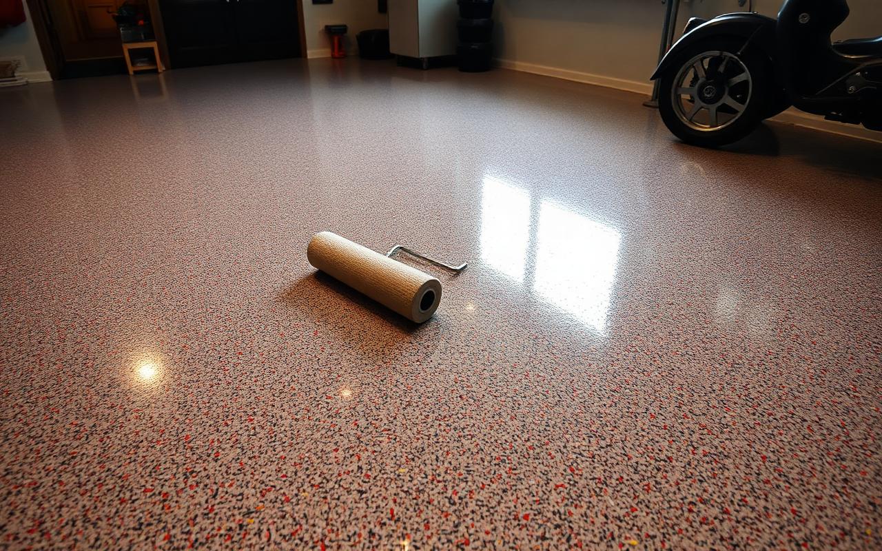 Epoxy garage floor mid application with color flakes