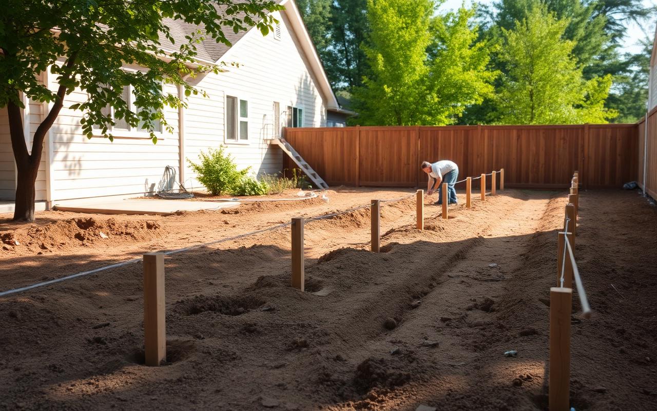 Property line with post holes dug for new fence