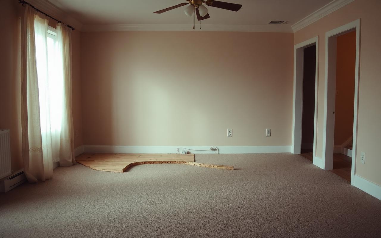Room with carpet torn out exposing subfloor