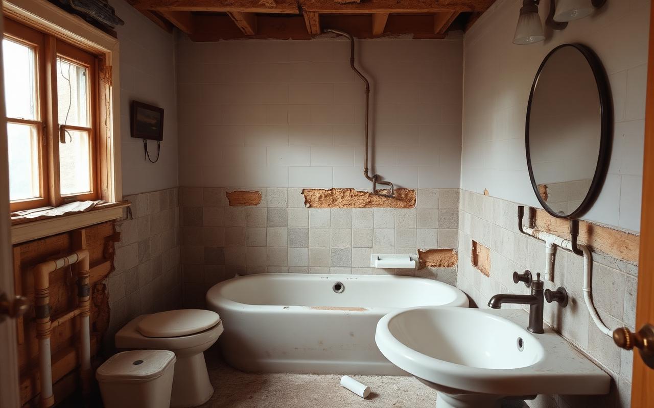 Guest bathroom with old tub removed and plumbing exposed