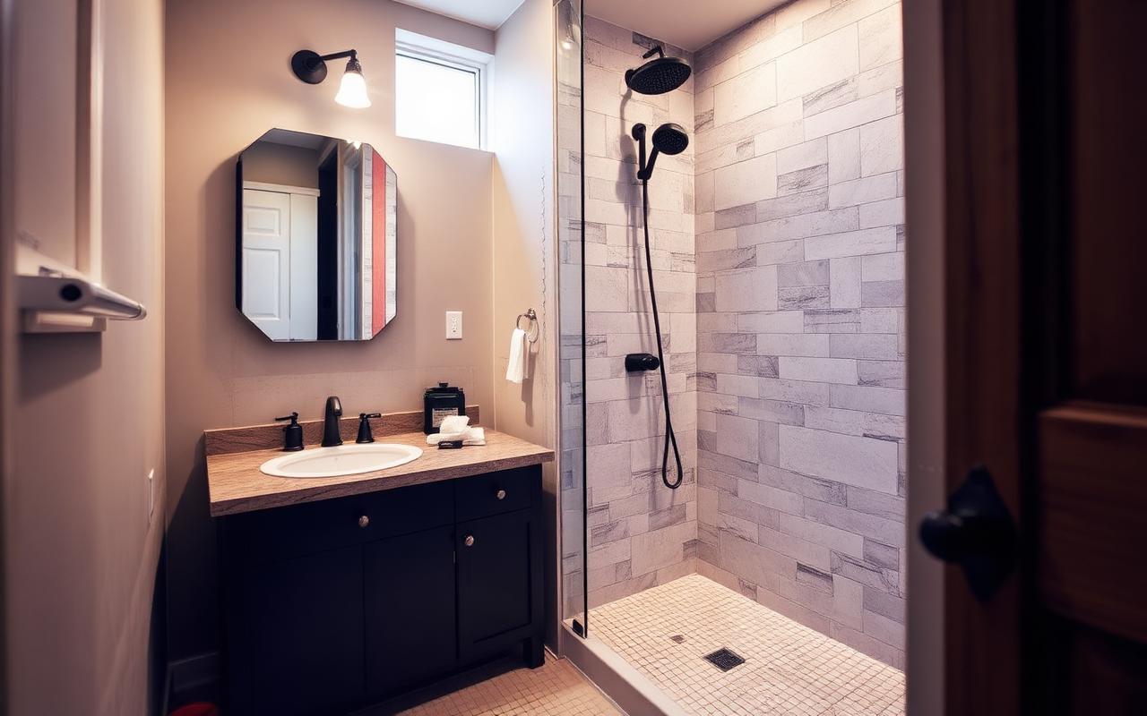 Guest bath shower waterproofed with tile installed
