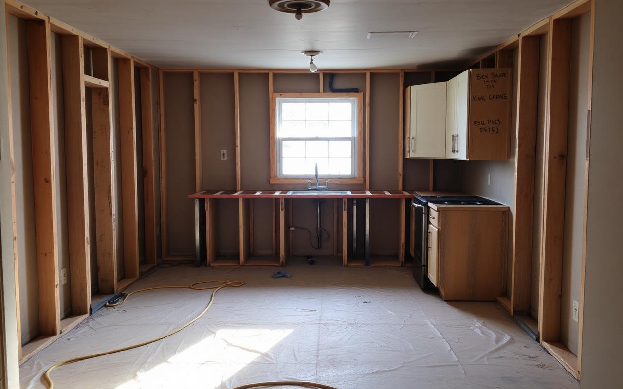 Kitchen gutted to the studs during demolition