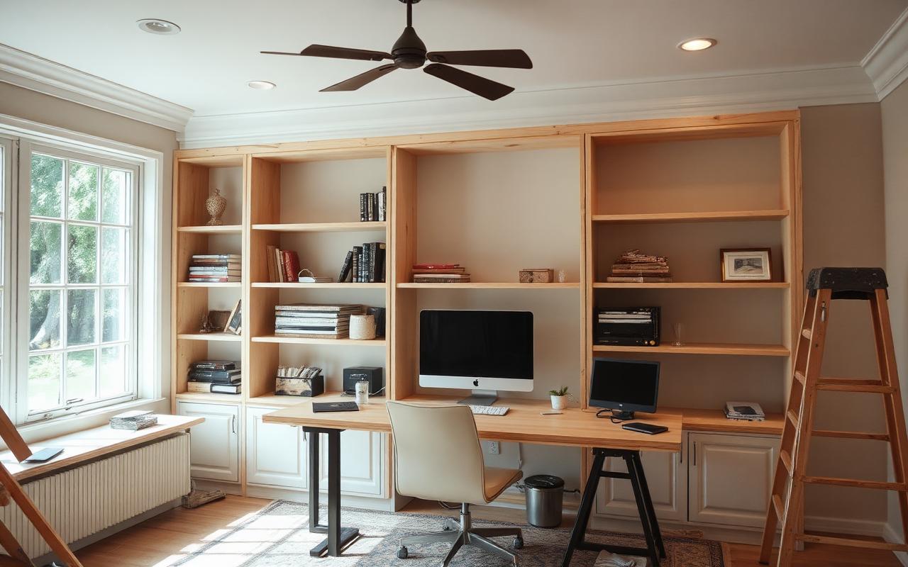 Home office with built-in shelving frames installed