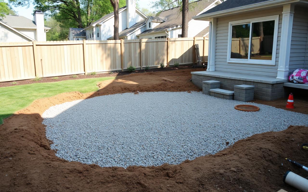Backyard patio area excavated with gravel base