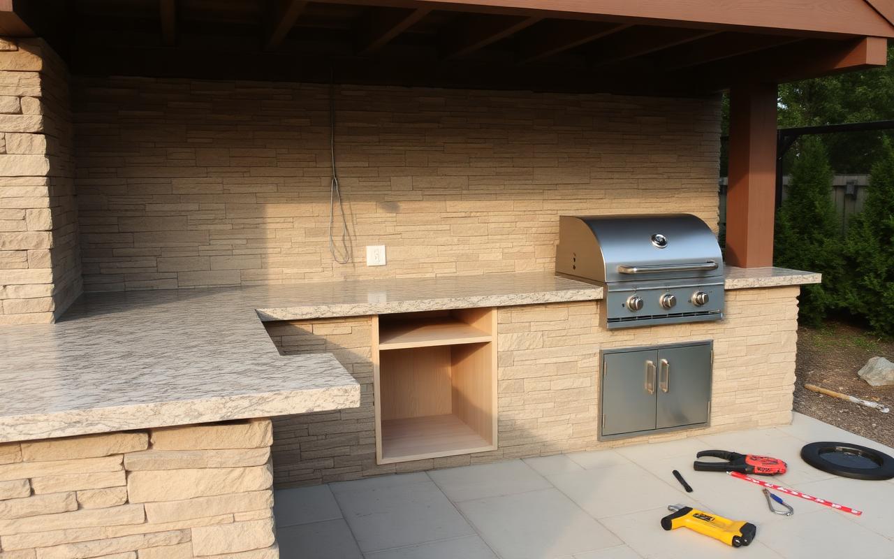 Outdoor kitchen with stone veneer and countertops being set