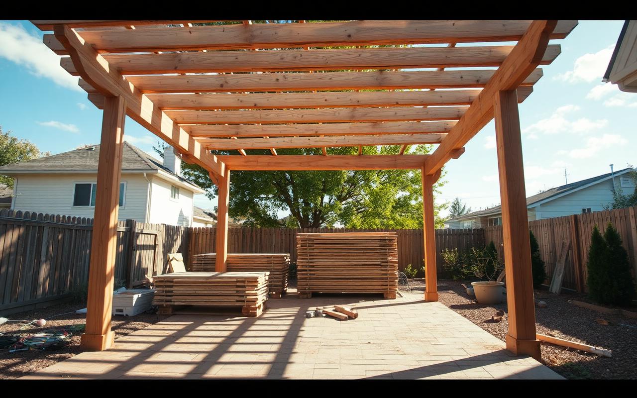 Pergola posts set and braced on a patio