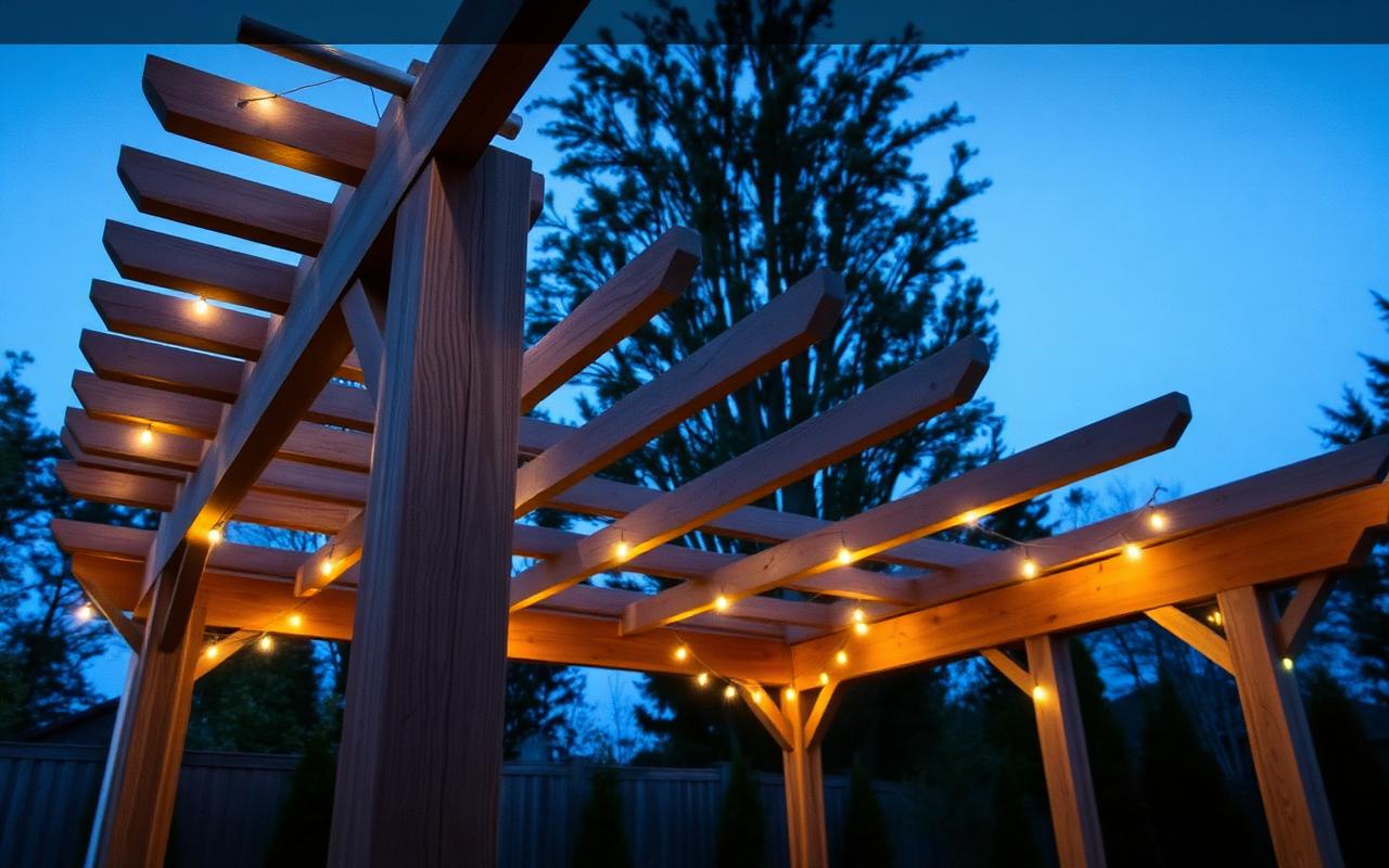 Cedar pergola frame with beams and rafters installed