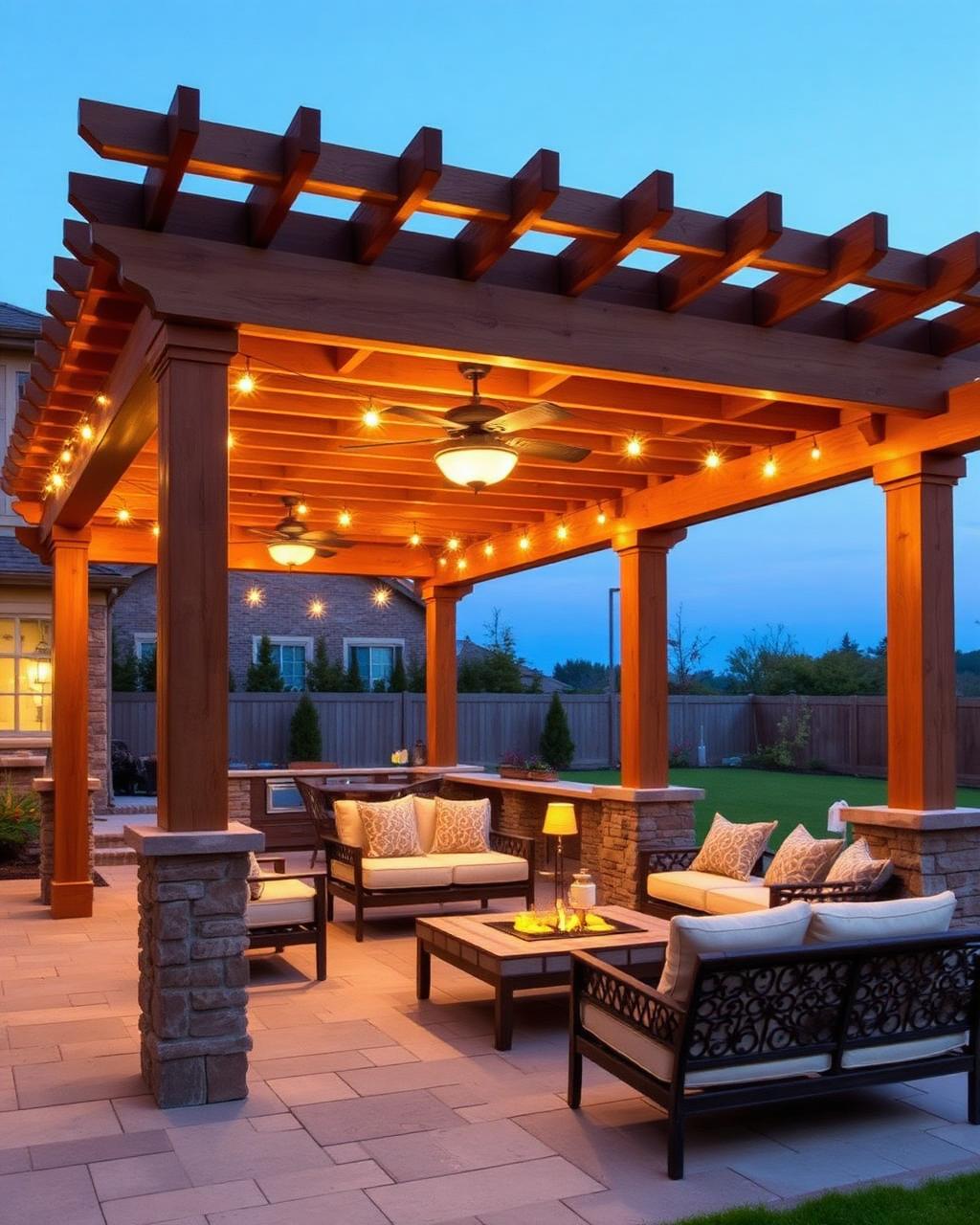 Finished cedar pergola with lighting